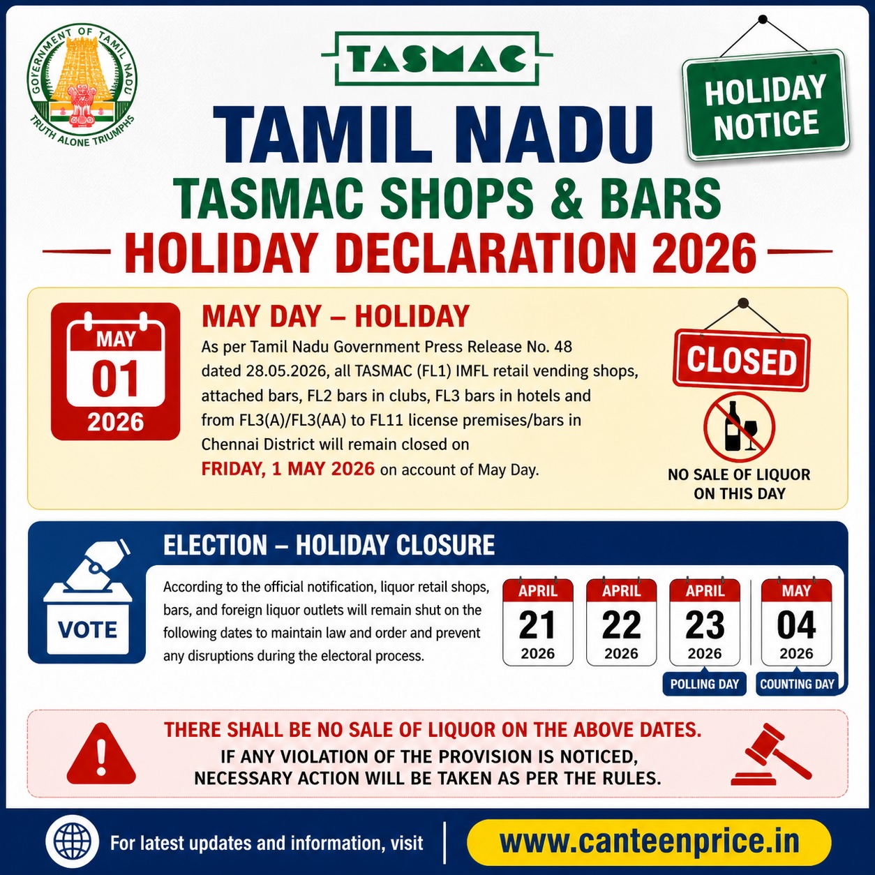 TASMAC Holiday Notice for 4.5.2026