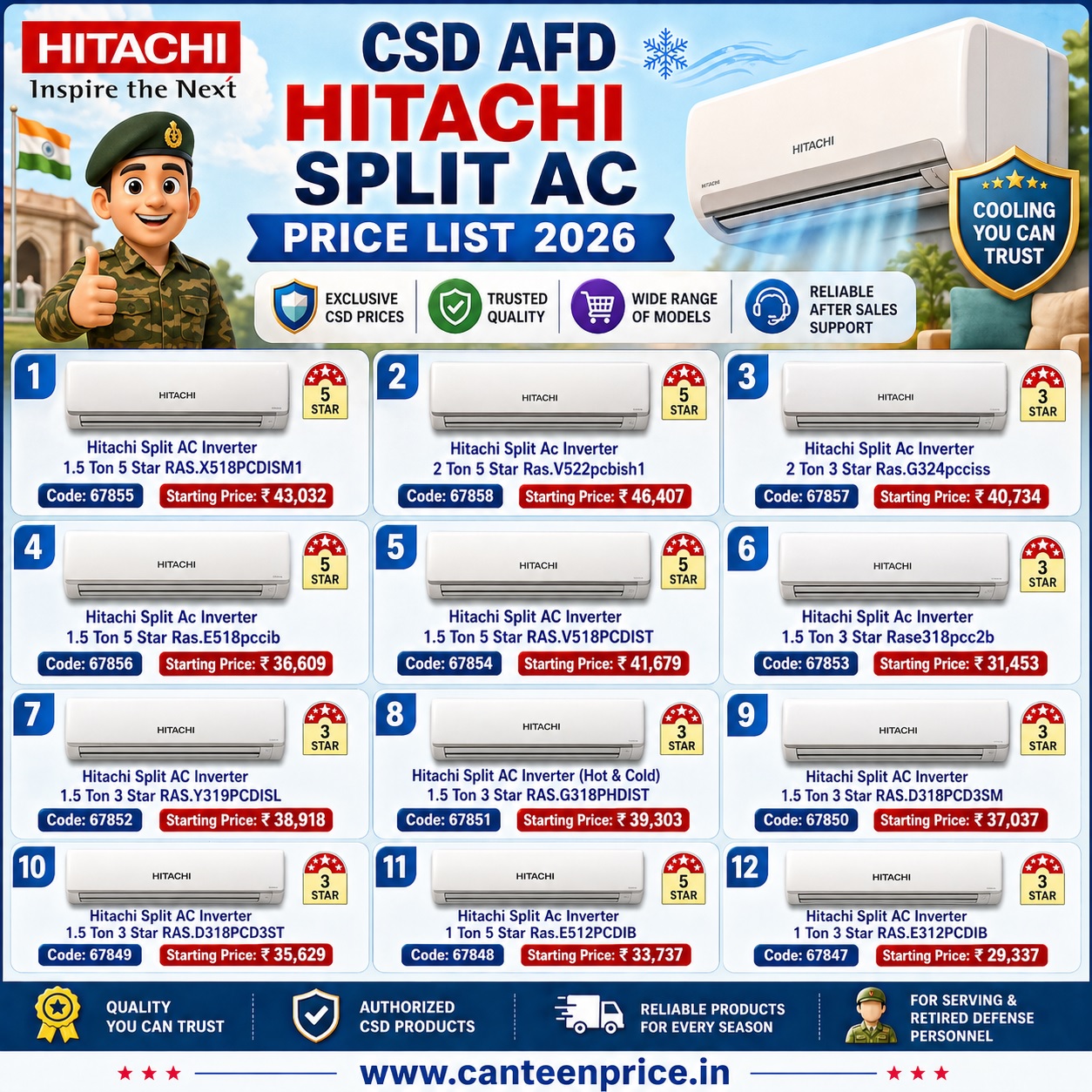 CSD AFD Hitachi Split AC Price List 2026 Updated