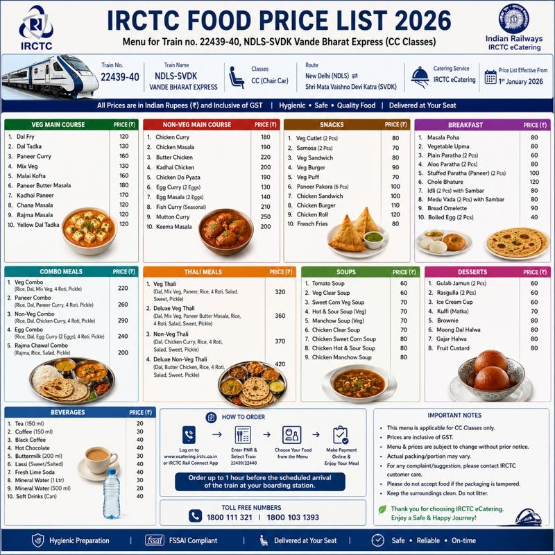 IRCTC Vande Bharat Train No 22439-40 Food Price List 2026