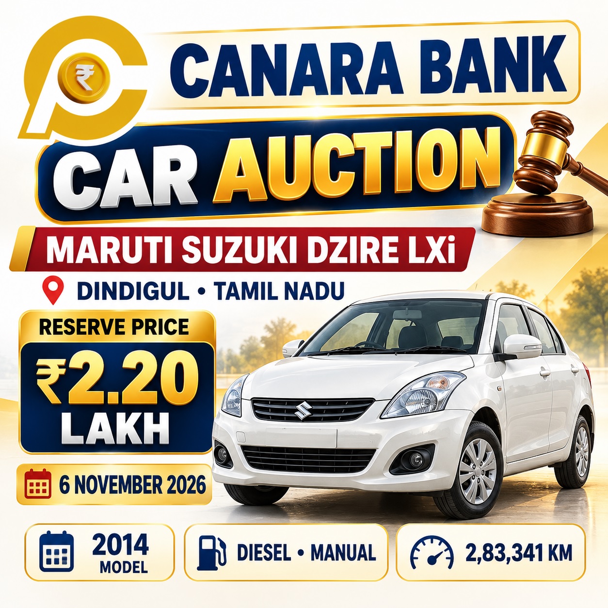 Maruti Suzuki Dzire Car Auction Dindigul Nov 2026